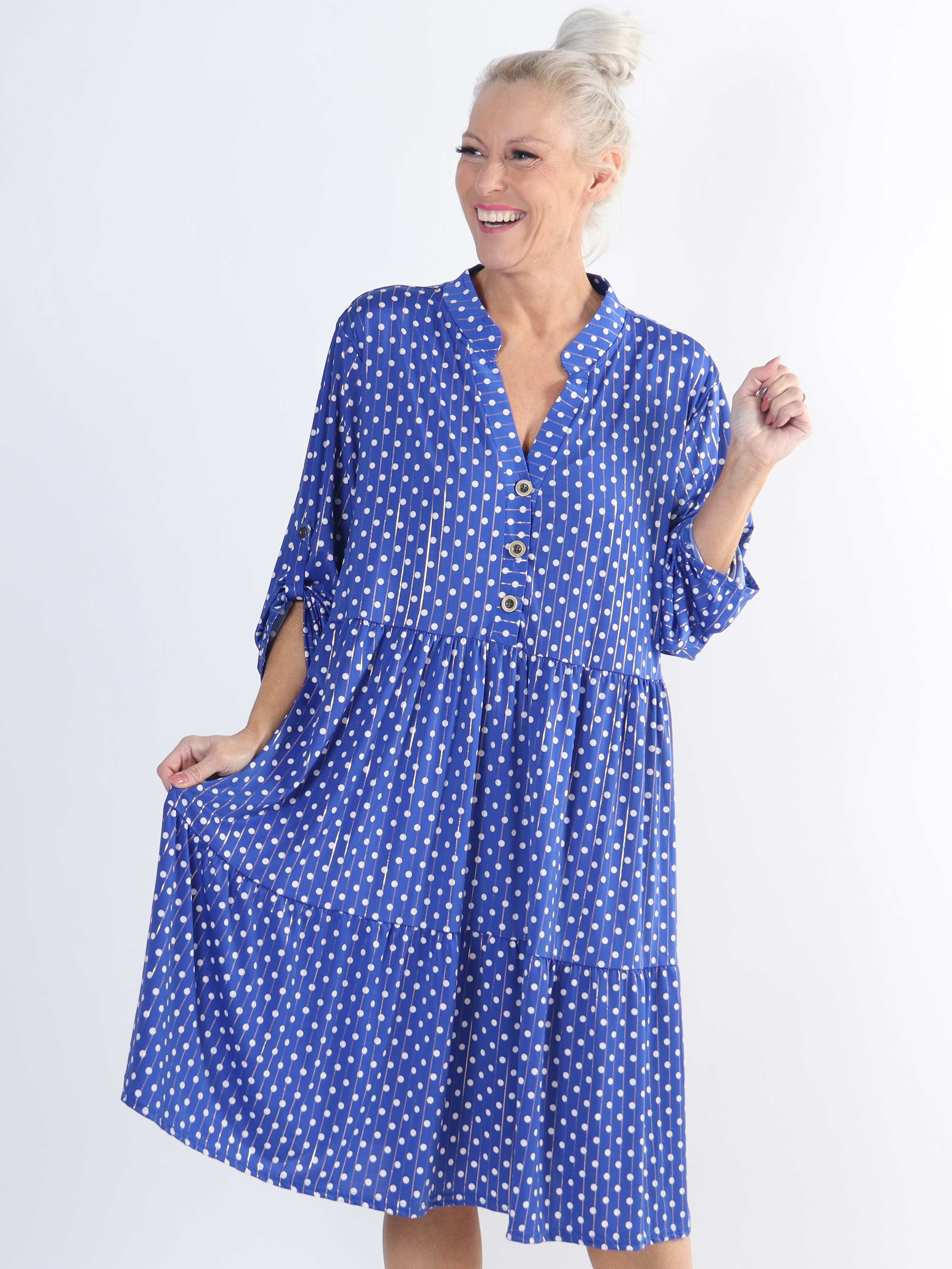 Milano Dot Midi - Plus size-klänning med prickar och lager-på-lager-look - Navy